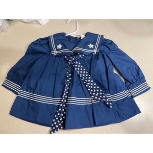 Miss Quality Vintage Girls Sailor Dress Navy Blue Star Polka Dot Tie 2T 3535A